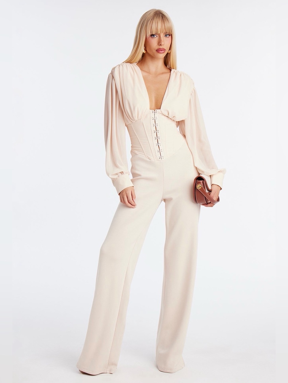 Fashion Nova Cream Wide-Leg Jumpsuit with Corset Detail - XL